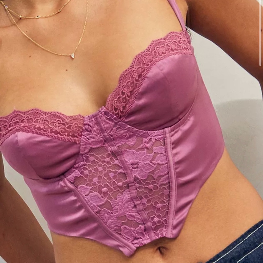 Mauve Lace-Panel Satin Bustier Tank